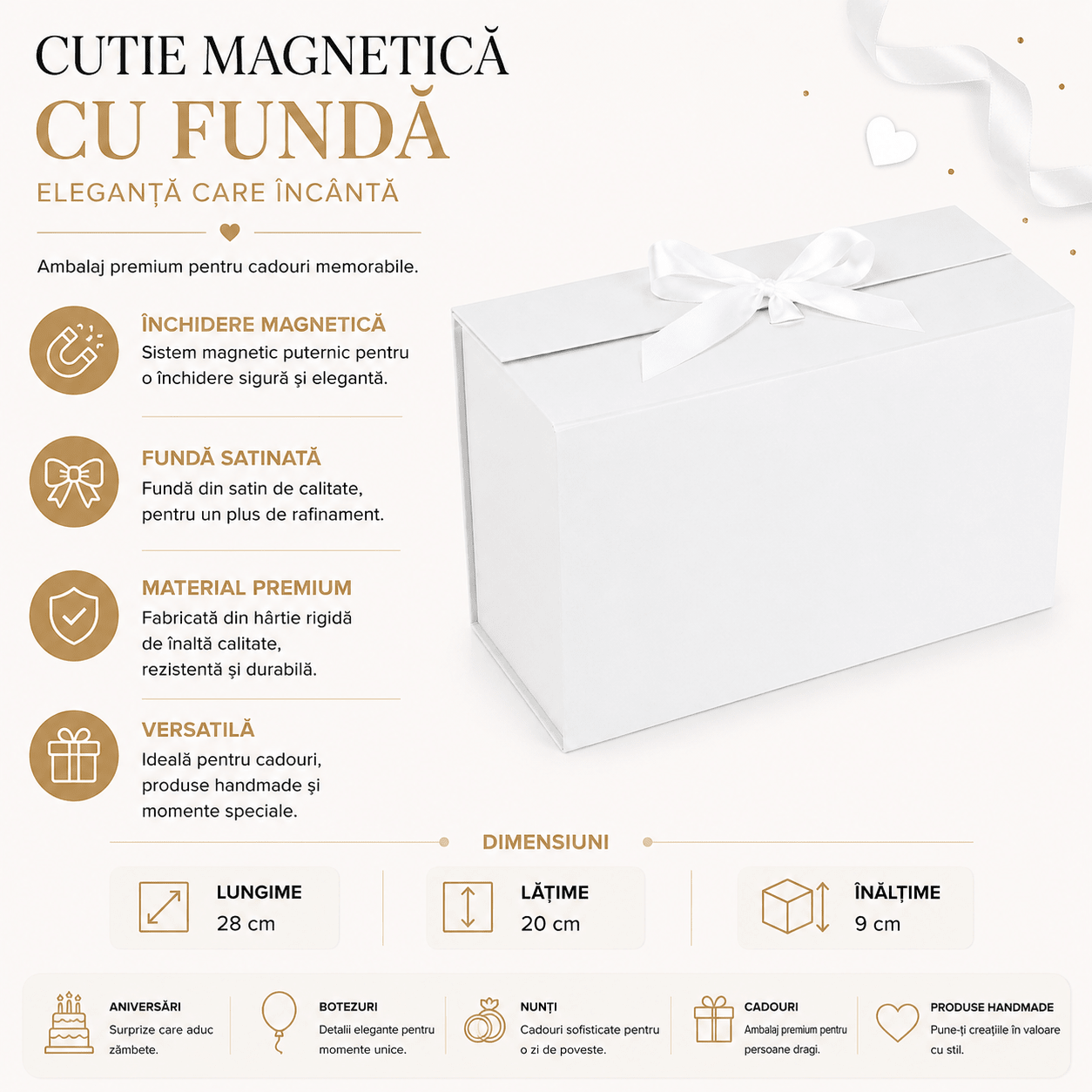 Cutie magnetică cu fundă la închidere - alb - CraftUp