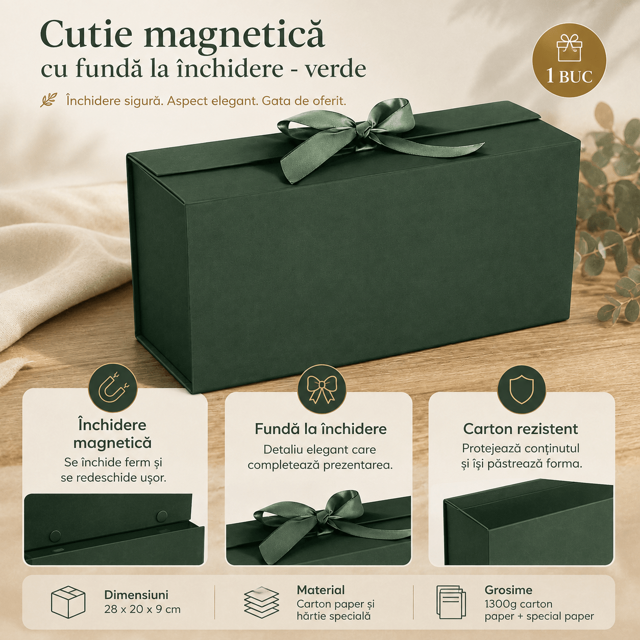 Cutie magnetică cu fundă la închidere - verde - CraftUp