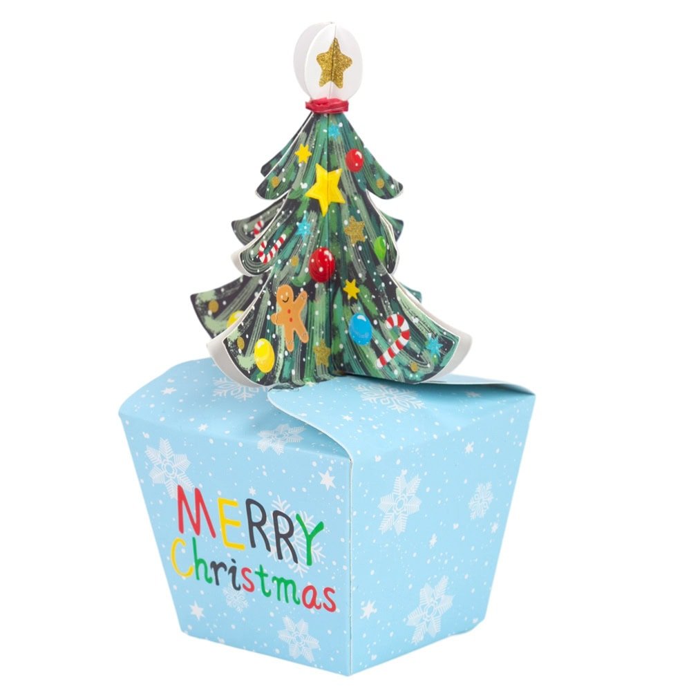 Cutie mică cu brad 3D și mesaj Crăciun fericit - bleu (set 50 buc) - CraftUp