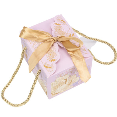 Cutie mică cu panglică și mâner din sfoară model floral - mov (set 50 buc) - 10.5x8.3x7.3cm - CraftUp