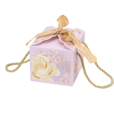 Cutie mică cu panglică și mâner din sfoară model floral - mov (set 50 buc) - 10.5x8.3x7.3cm - CraftUp