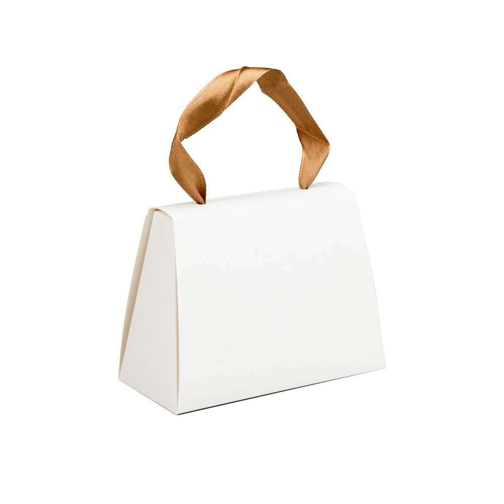 Cutie mică gentuță cu panglică maro din satin - alb (set 50 buc) - CraftUp