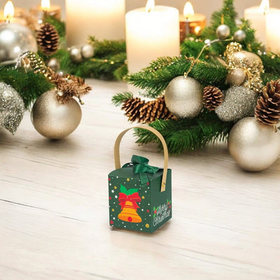 Cutie mică pătrată Crăciun cu fereastră, mâner kraft și fundă - verde (set 50 buc) - CraftUp