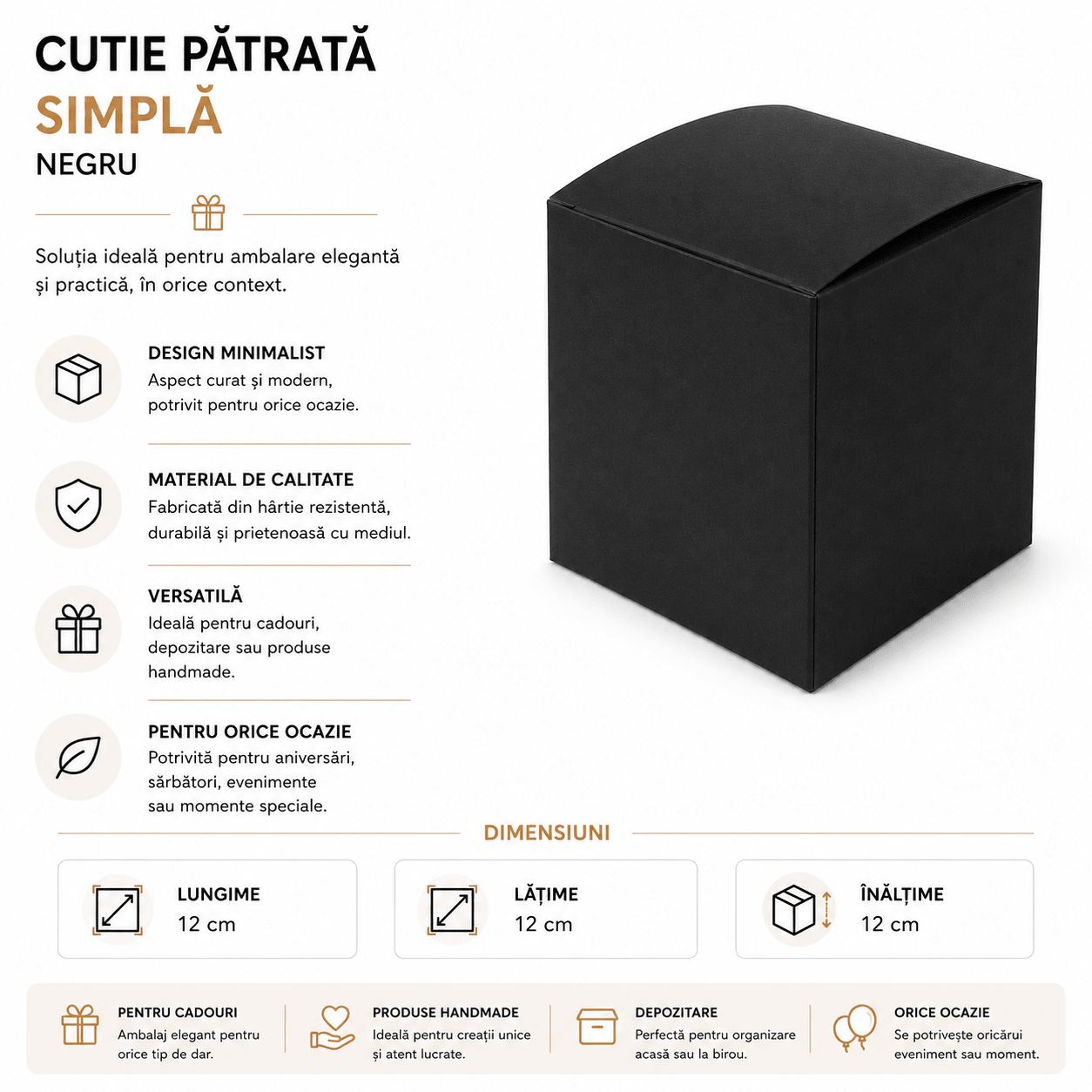 Cutie mică pătrată simplă - negru (set 10 buc) - CraftUp