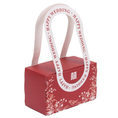 Cutie model floral cu mâner și mesaj Happy wedding - roșu (set 25 buc) - 10x6x5cm - CraftUp