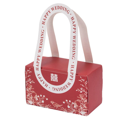 Cutie model floral cu mâner și mesaj Happy wedding - roșu (set 25 buc) - 10x6x5cm - CraftUp