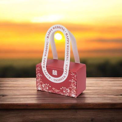 Cutie model floral cu mâner și mesaj Happy wedding - roșu (set 25 buc) - 10x6x5cm - CraftUp