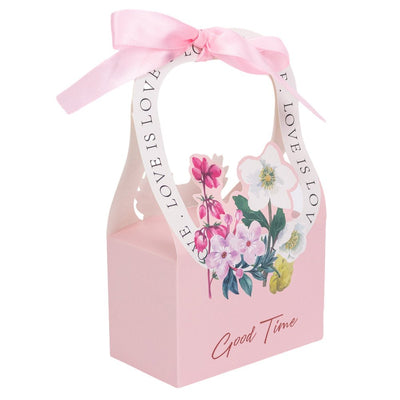 Cutie model floral cu mâner și panglică - roz (set 25 buc) - 17x12x6cm - CraftUp