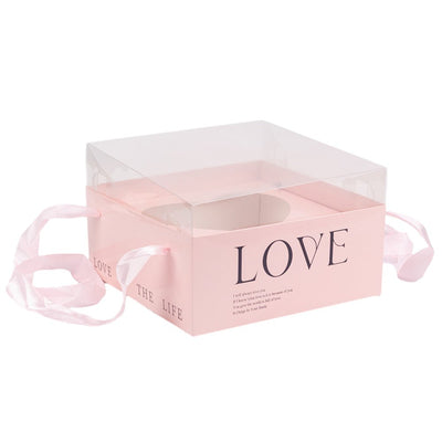 Cutie pătrată cu fereastră inimă capac transparent și mâner - roz (set 2 buc) 23x23x15cm - CraftUp