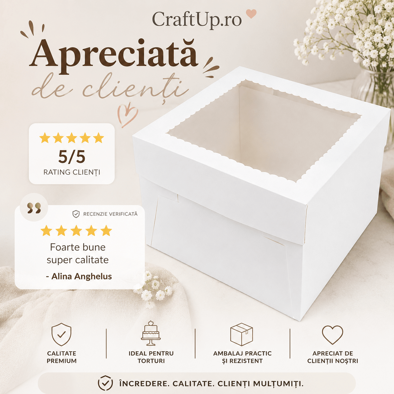 Cutie pătrată pentru tort cu fereastră (set 10 buc) - CraftUp
