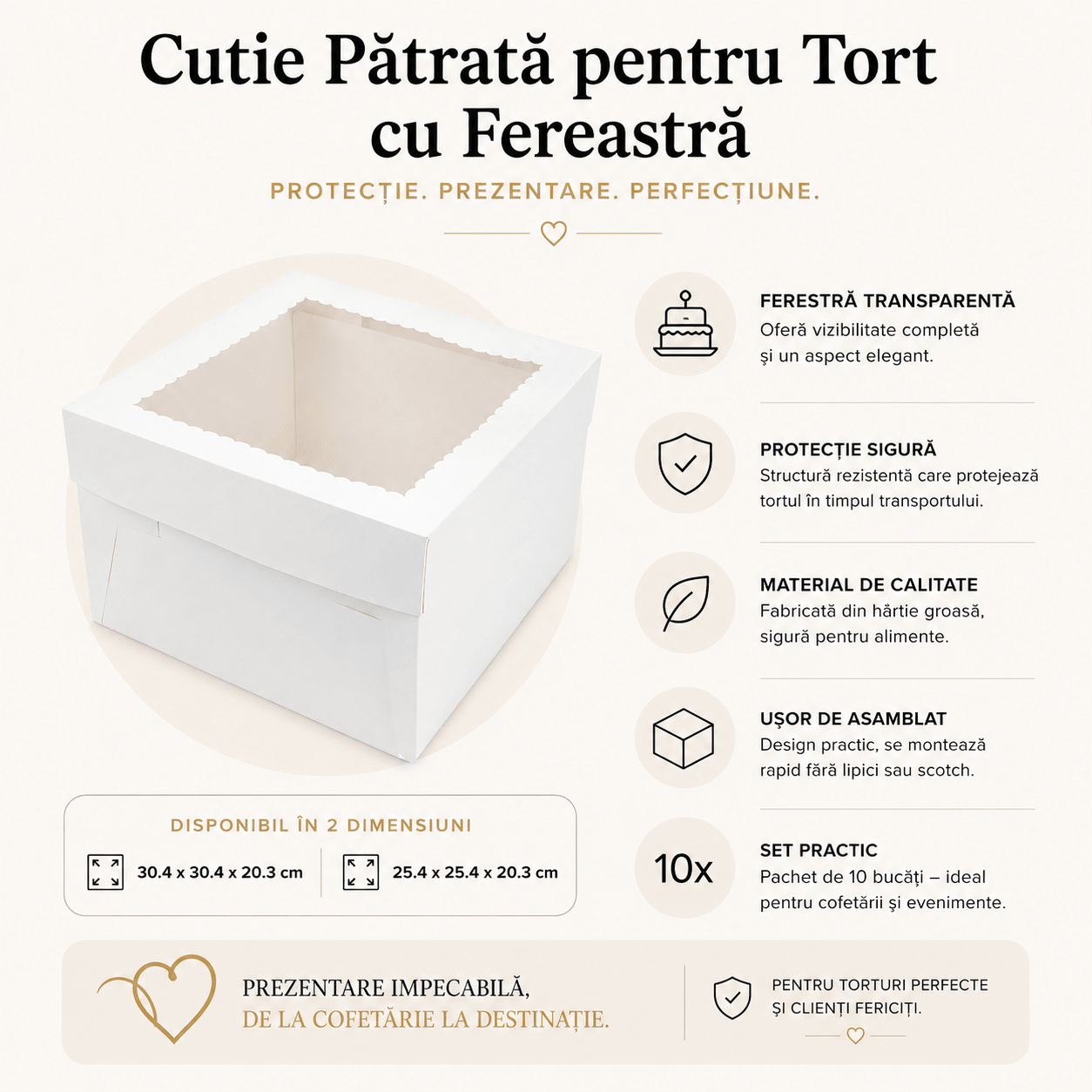 Cutie pătrată pentru tort cu fereastră (set 10 buc) - CraftUp