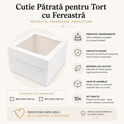 Cutie pătrată pentru tort cu fereastră (set 10 buc) - CraftUp
