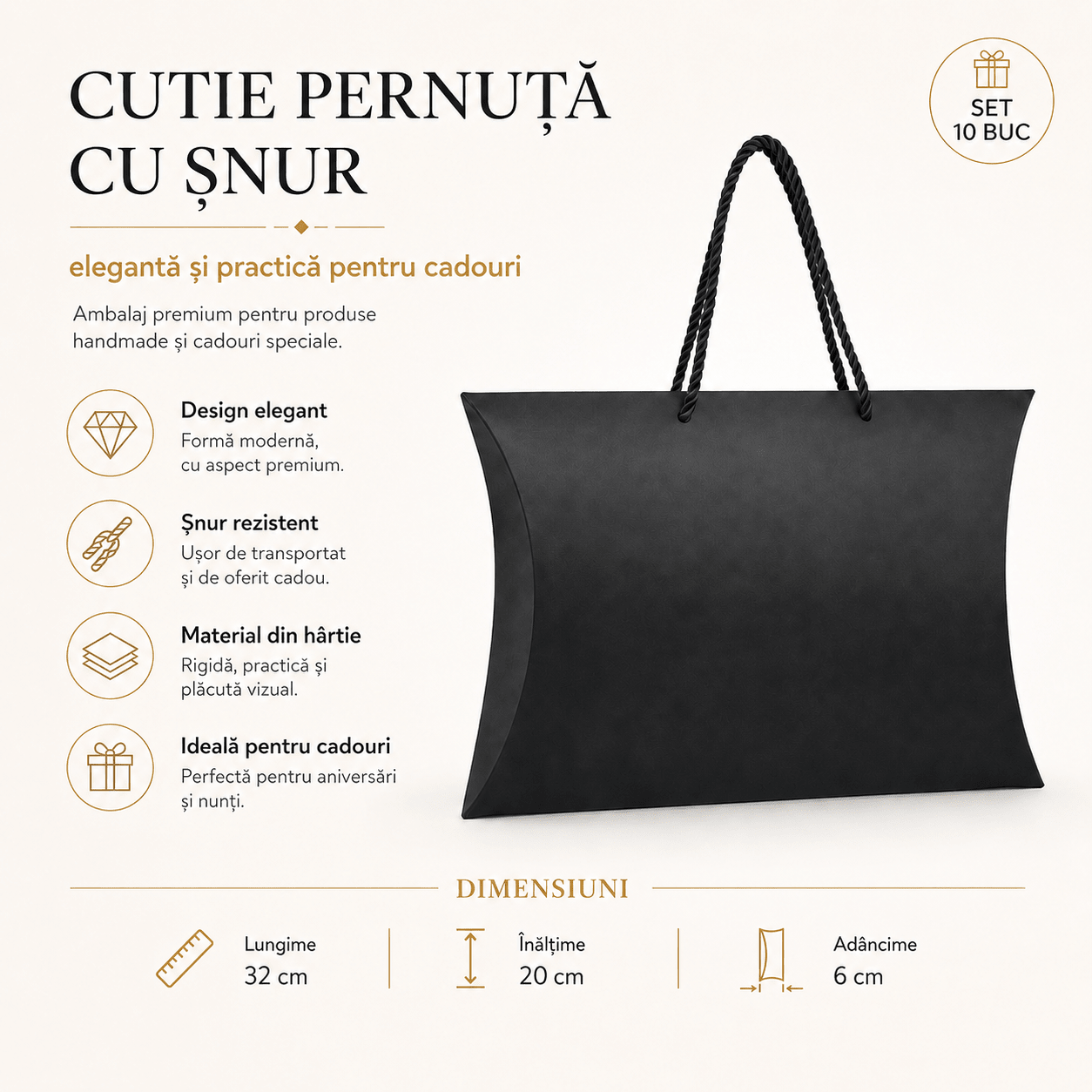 Cutie pernuță cu șnur - negru (set 10 buc) - CraftUp