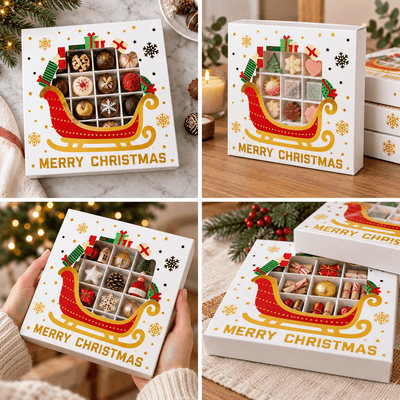 Cutii Crăciun cu fereastră și 16 compartimente, model sanie - alb (set 12 buc) - CraftUp