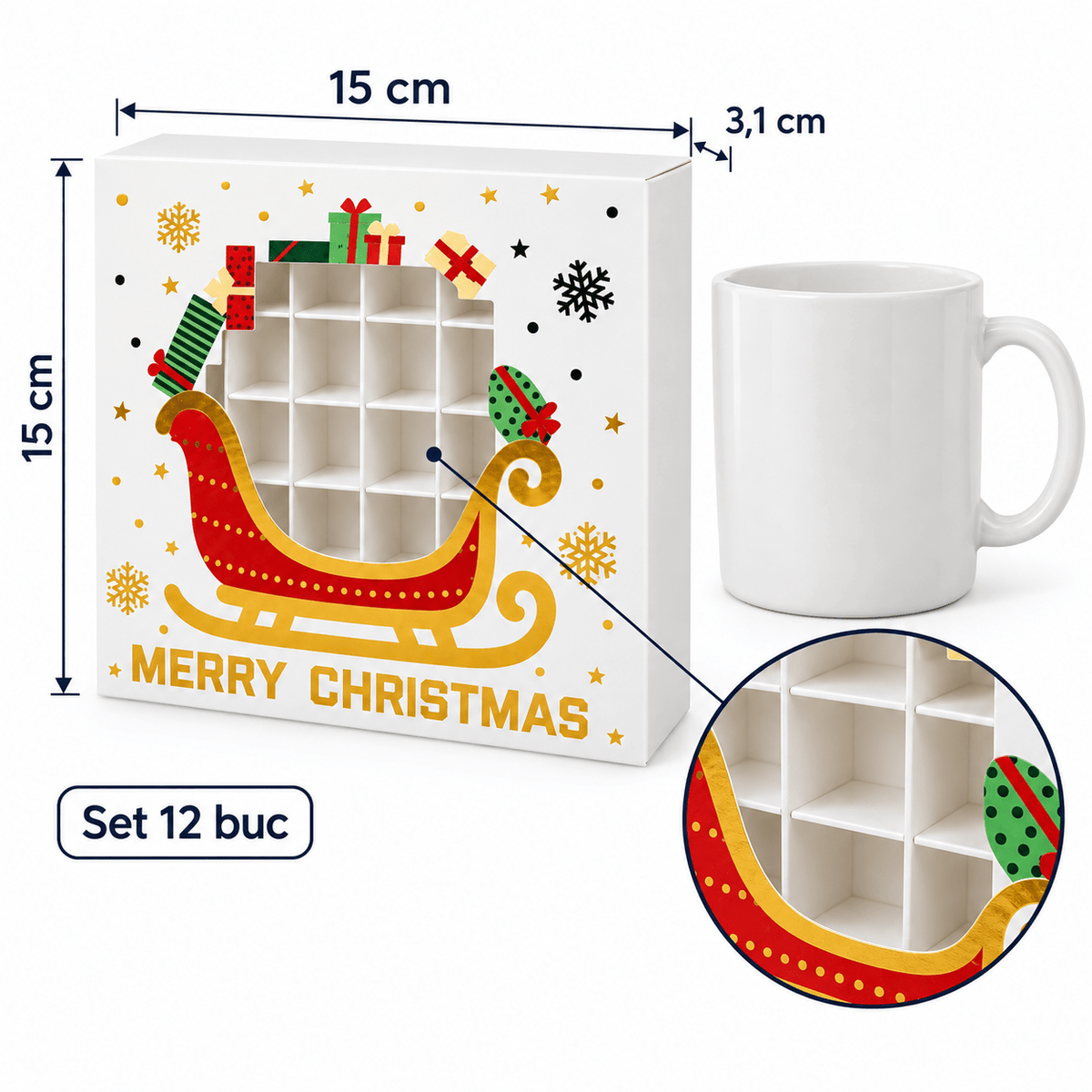 Cutii Crăciun cu fereastră și 16 compartimente, model sanie - alb (set 12 buc) - CraftUp