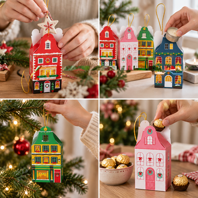 Cutii Crăciun formă căsuță cu fir auriu - multicolor (set 12 buc) - CraftUp