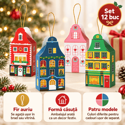 Cutii Crăciun formă căsuță cu fir auriu - multicolor (set 12 buc) - CraftUp
