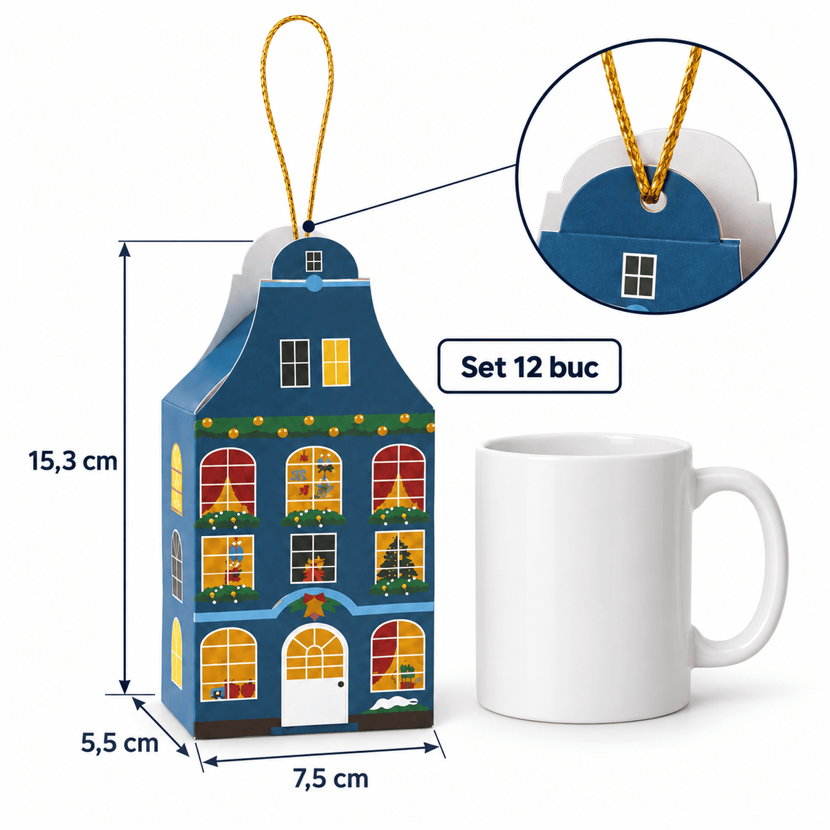 Cutii Crăciun formă căsuță cu fir auriu - multicolor (set 12 buc) - CraftUp