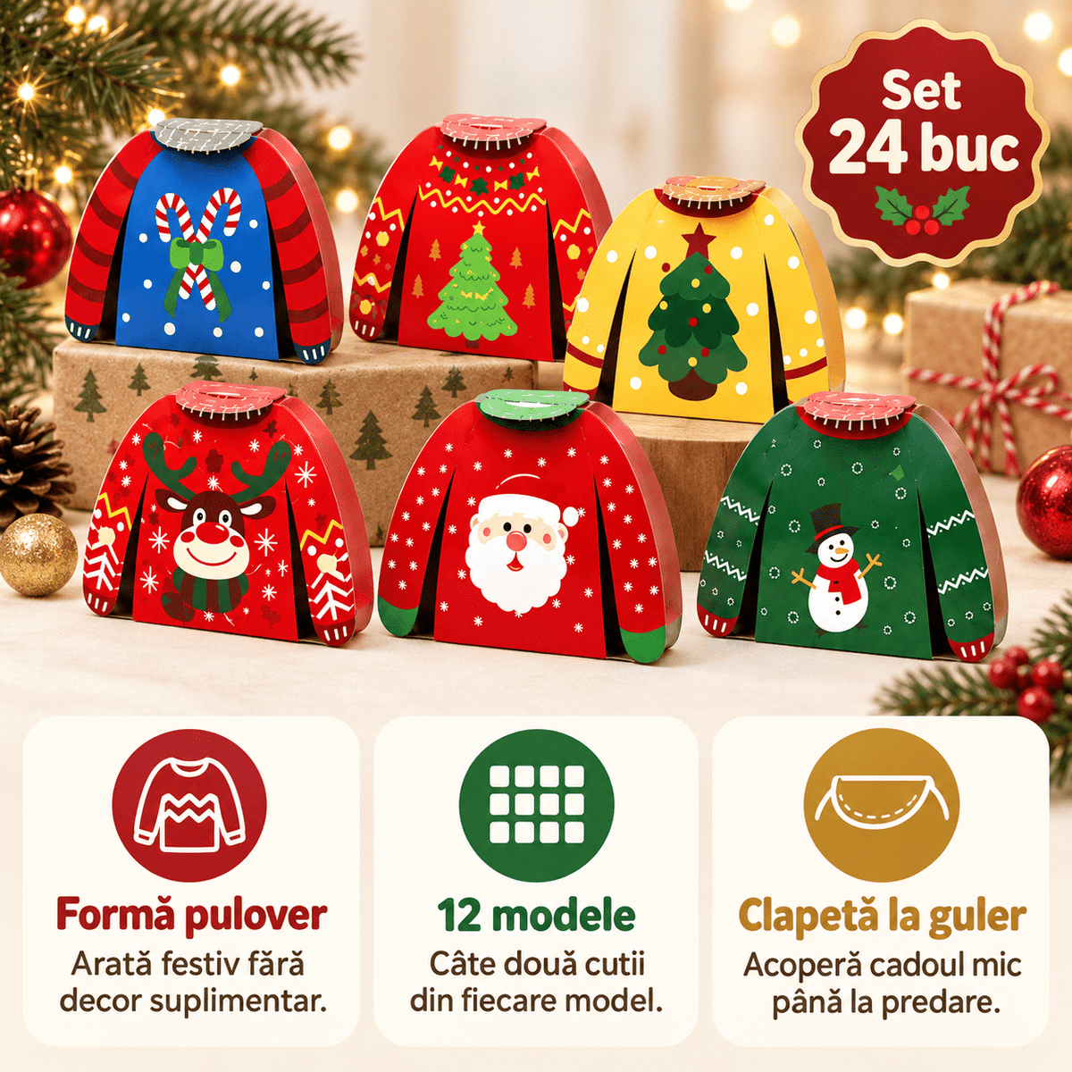 Cutii Crăciun formă pulover tricotat - mix 12 modele (set 24 buc) - CraftUp