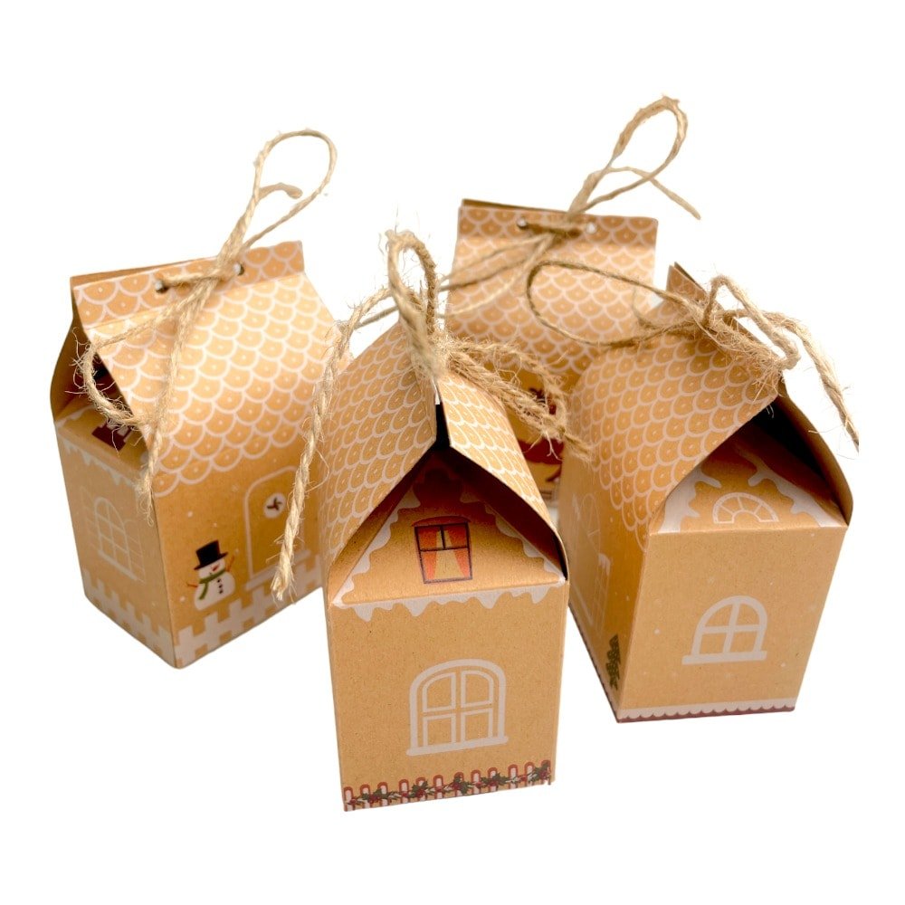 Cutii Crăciun în formă de căsuță cu sfoară iută mix 4 modele (set 24 buc) 5x7x10.5cm - CraftUp