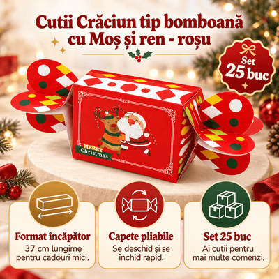 Cutii Crăciun tip bomboană cu Moș și ren - roșu (set 25 buc) - CraftUp