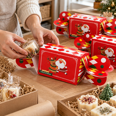 Cutii Crăciun tip bomboană cu Moș și ren - roșu (set 25 buc) - CraftUp