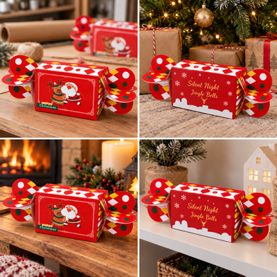Cutii Crăciun tip bomboană cu Moș și ren - roșu (set 25 buc) - CraftUp