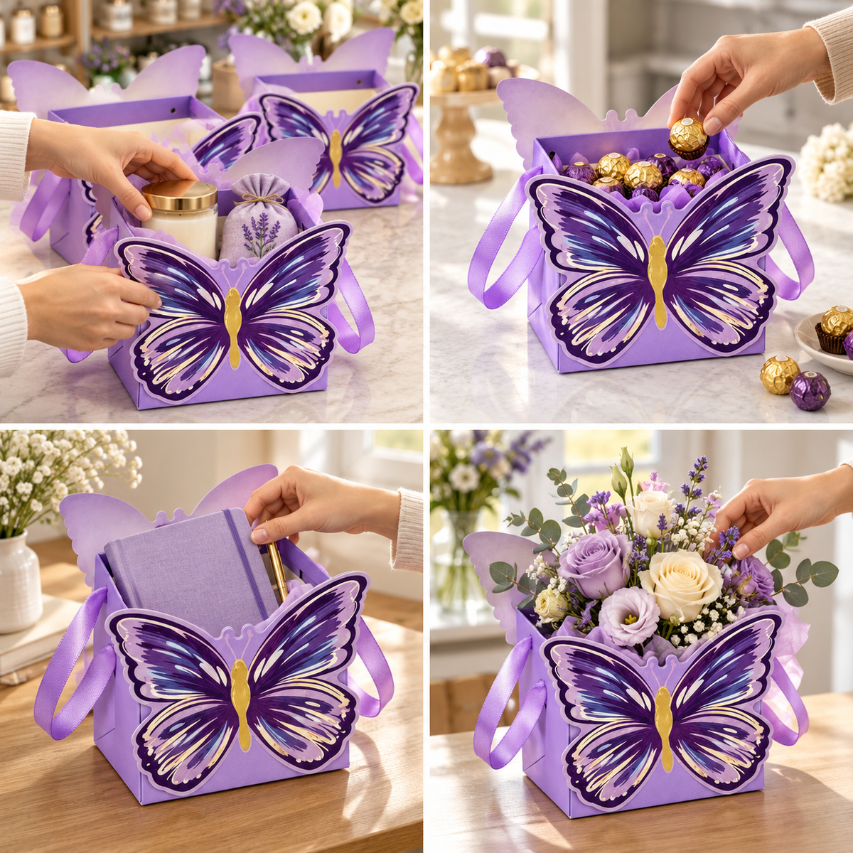 Cutii cu fluture decupat și mâner din panglică - mov (set 10 buc) - CraftUp