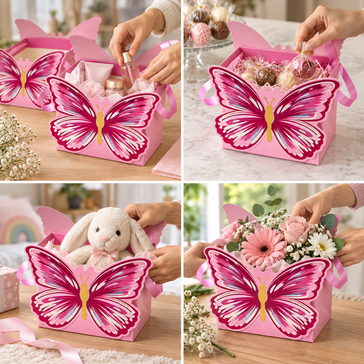 Cutii cu fluture decupat și mâner din panglică - roz (set 10 buc) - CraftUp