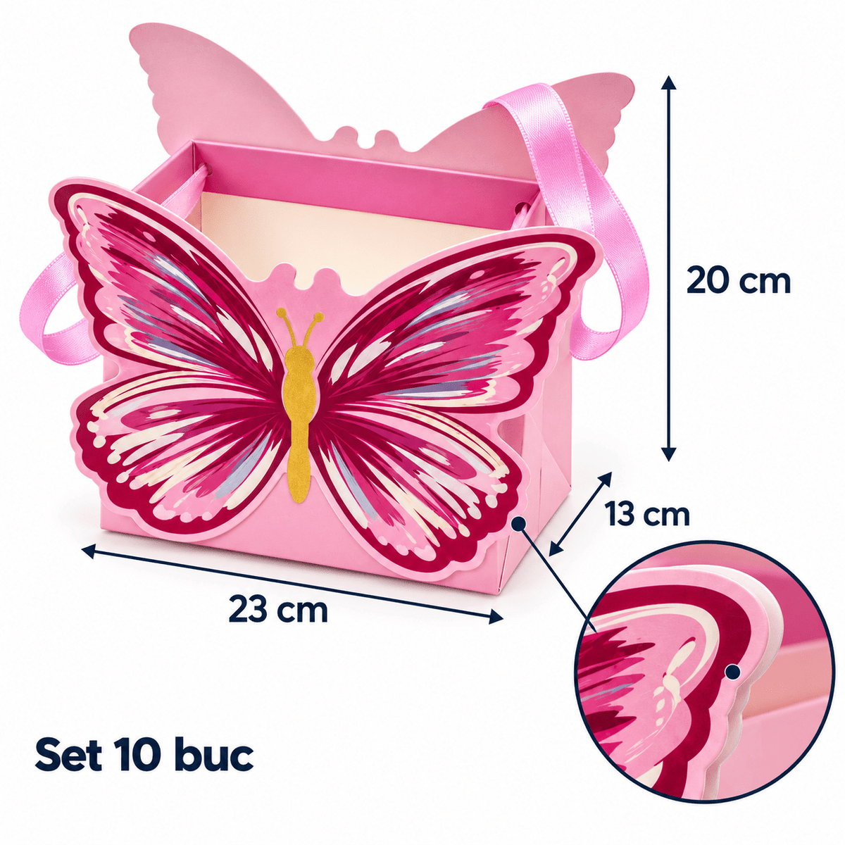 Cutii cu fluture decupat și mâner din panglică - roz (set 10 buc) - CraftUp