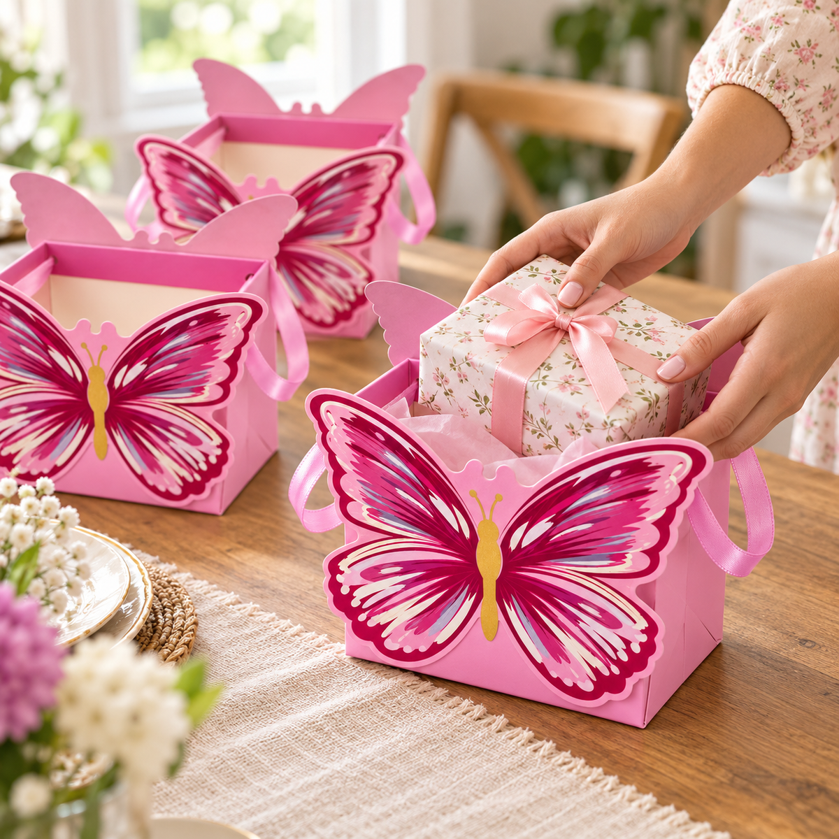 Cutii cu fluture decupat și mâner din panglică - roz (set 10 buc) - CraftUp