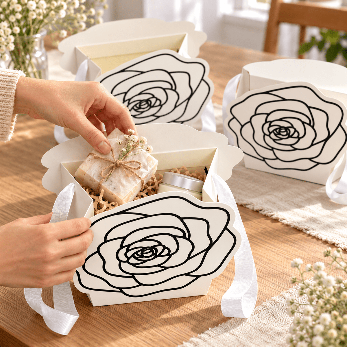 Cutii cu trandafir decupat și mâner din panglică - alb (set 10 buc) - CraftUp