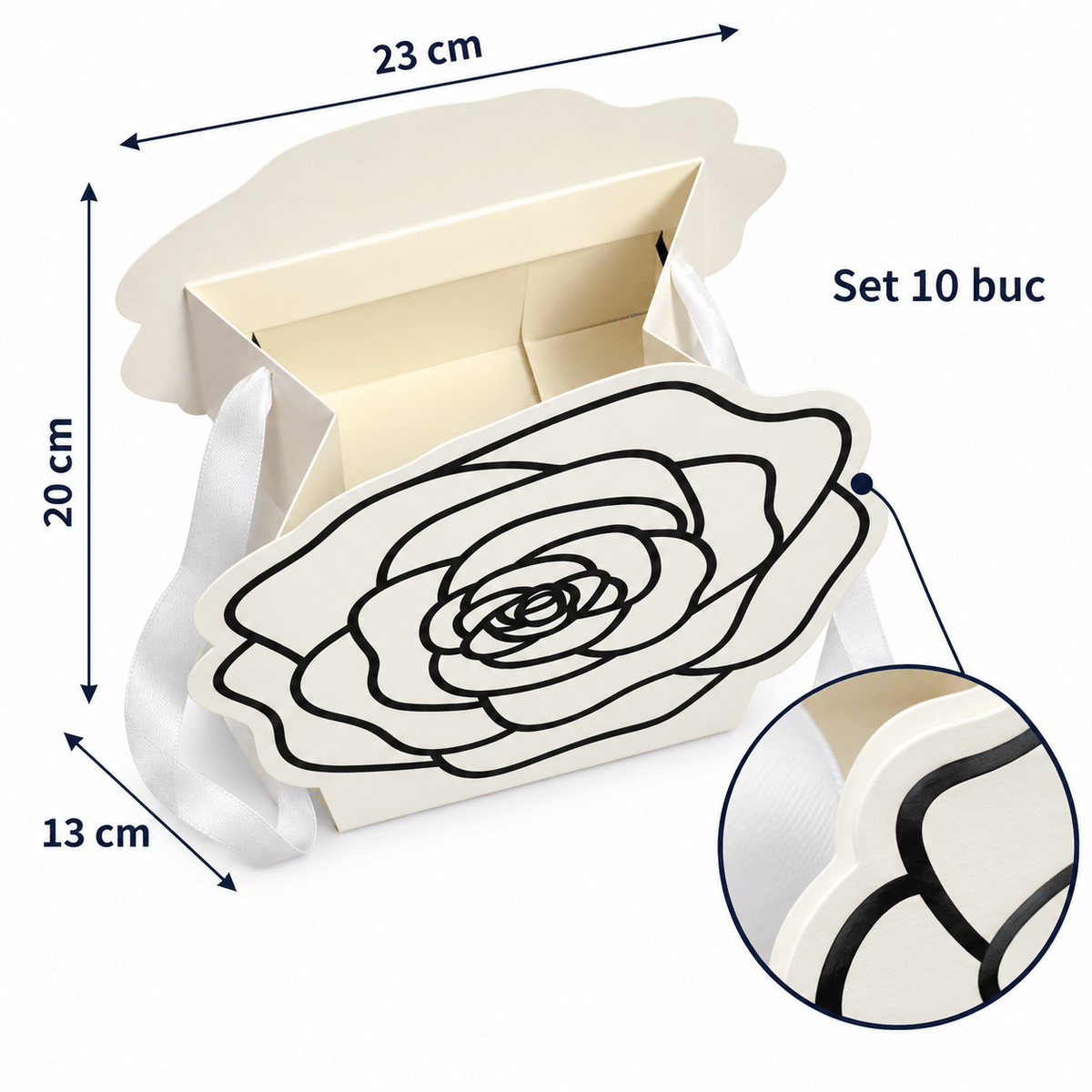 Cutii cu trandafir decupat și mâner din panglică - alb (set 10 buc) - CraftUp