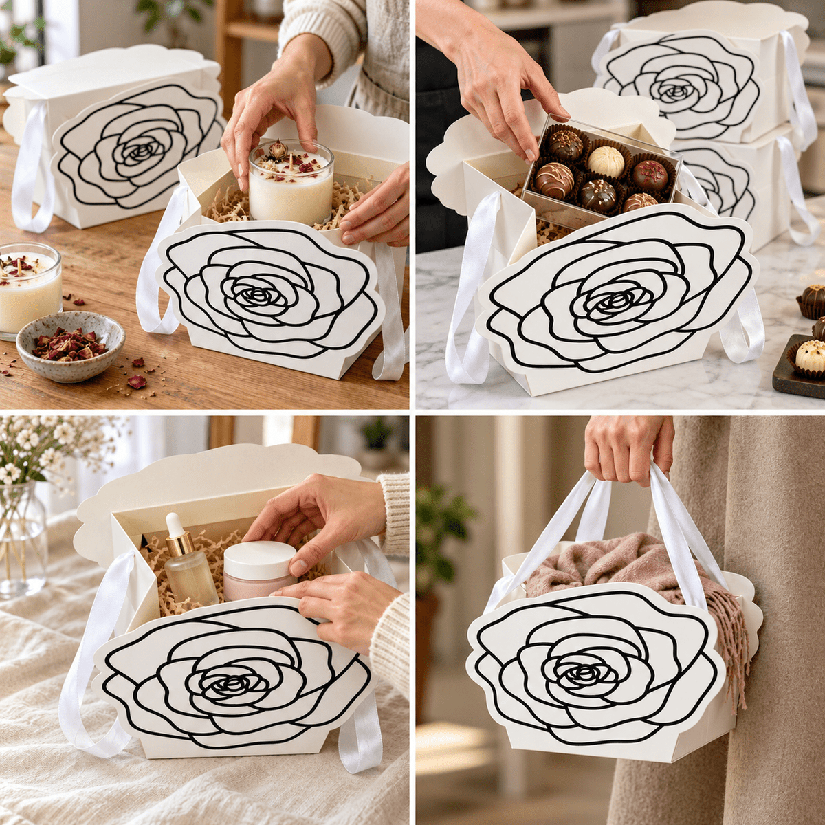 Cutii cu trandafir decupat și mâner din panglică - alb (set 10 buc) - CraftUp