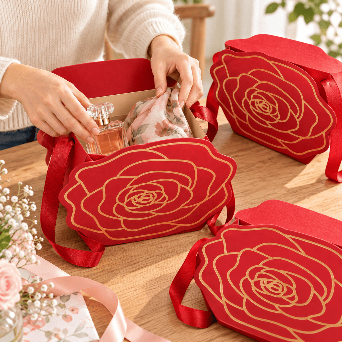Cutii cu trandafir decupat și mâner din panglică - roșu (set 10 buc) - CraftUp