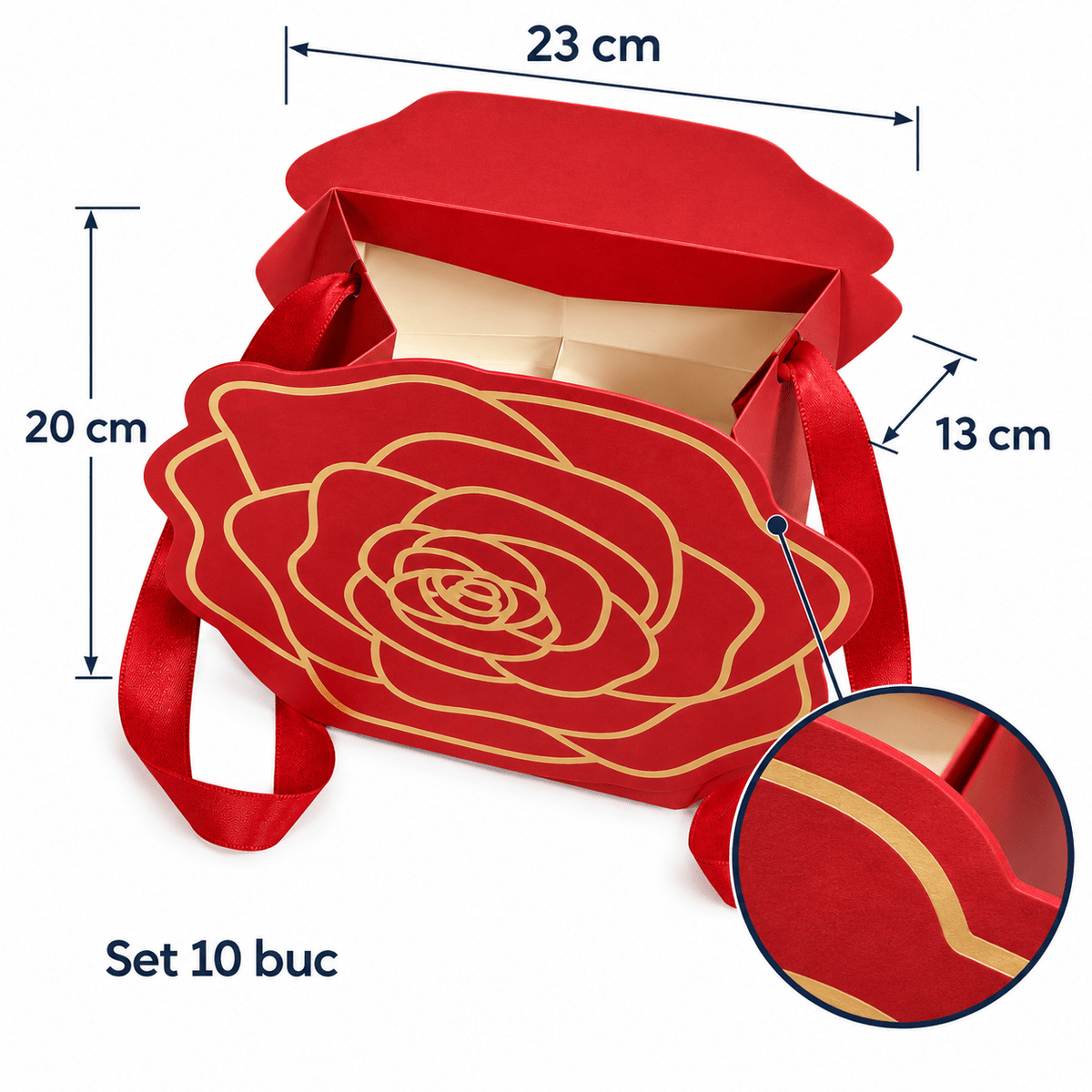 Cutii cu trandafir decupat și mâner din panglică - roșu (set 10 buc) - CraftUp