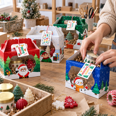 Cutii de Crăciun cu fereastră, mâner și etichetă - mix 4 modele (set 12 buc) - CraftUp