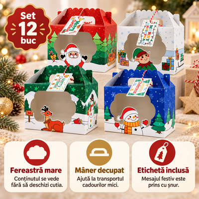 Cutii de Crăciun cu fereastră, mâner și etichetă - mix 4 modele (set 12 buc) - CraftUp