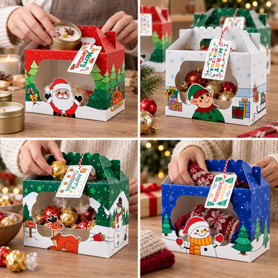 Cutii de Crăciun cu fereastră, mâner și etichetă - mix 4 modele (set 12 buc) - CraftUp