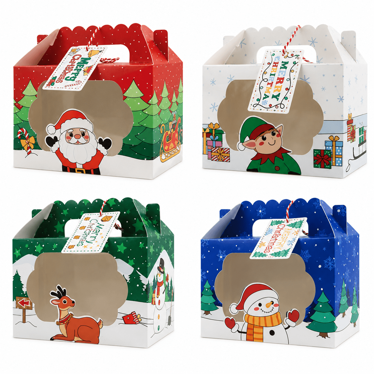 Cutii de Crăciun cu fereastră, mâner și etichetă - mix 4 modele (set 12 buc) - CraftUp