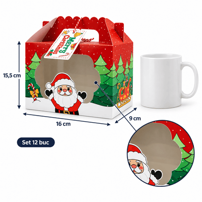 Cutii de Crăciun cu fereastră, mâner și etichetă - mix 4 modele (set 12 buc) - CraftUp