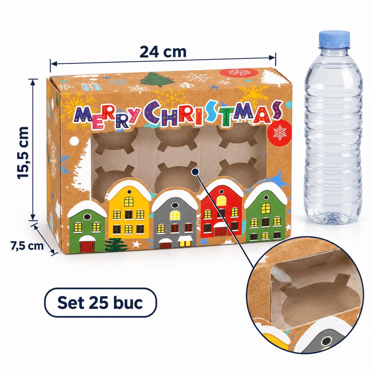 Cutii de Crăciun cu fereastră și 6 compartimente, model căsuțe - multicolor (set 25 buc) - CraftUp