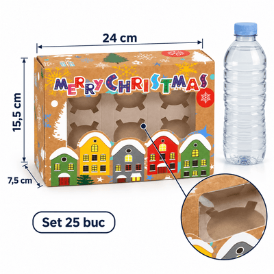 Cutii de Crăciun cu fereastră și 6 compartimente, model căsuțe - multicolor (set 25 buc) - CraftUp