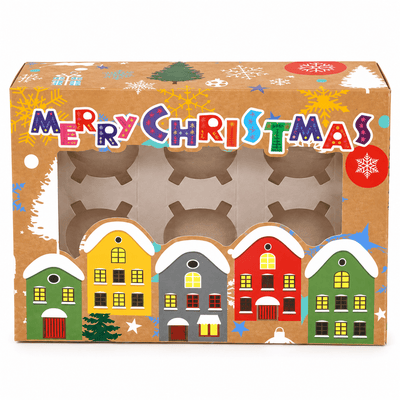 Cutii de Crăciun cu fereastră și 6 compartimente, model căsuțe - multicolor (set 25 buc) - CraftUp