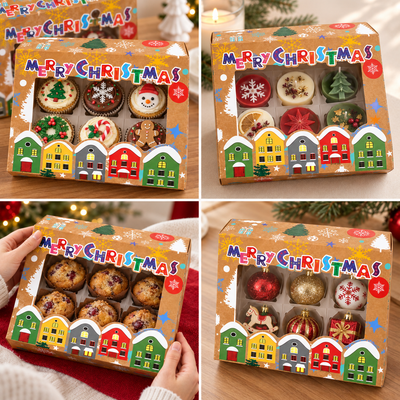 Cutii de Crăciun cu fereastră și 6 compartimente, model căsuțe - multicolor (set 25 buc) - CraftUp