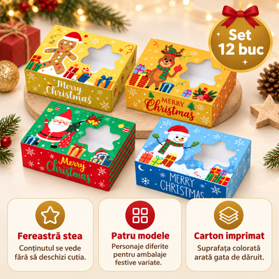Cutii de Crăciun cu personaje și fereastră stea - mix 4 modele (set 12 buc) - CraftUp
