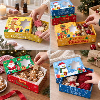 Cutii de Crăciun cu personaje și fereastră stea - mix 4 modele (set 12 buc) - CraftUp