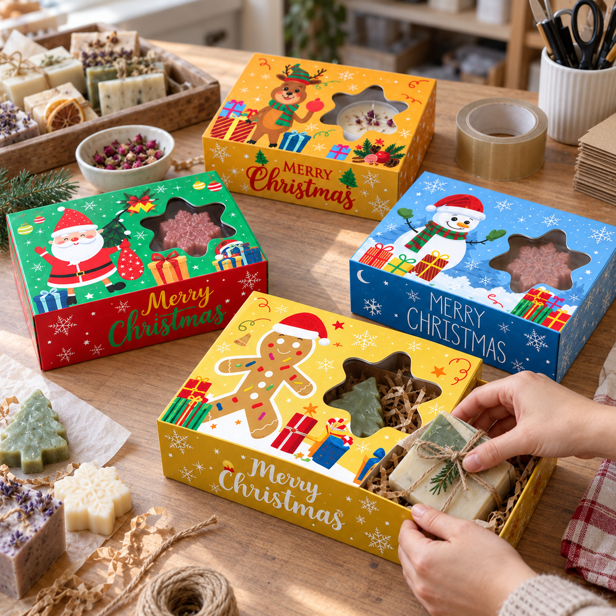 Cutii de Crăciun cu personaje și fereastră stea - mix 4 modele (set 12 buc) - CraftUp