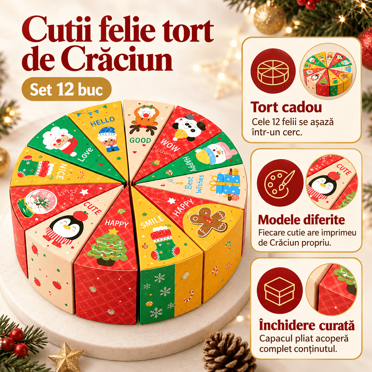 Cutii felie tort de Crăciun - mix 12 modele (set 12 buc) - CraftUp