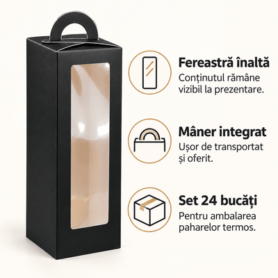 Cutii înalte cu fereastră și mâner, pentru pahare termos - negru (set 24 buc) - CraftUp